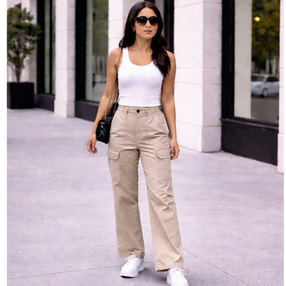 Zara Cargo Pants Size 8 Beige Tan High Rise Wide Leg Utility Trousers